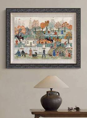 【纽约中央公园】复古法式中古插画油布装饰画黑色雕花框餐厅挂画