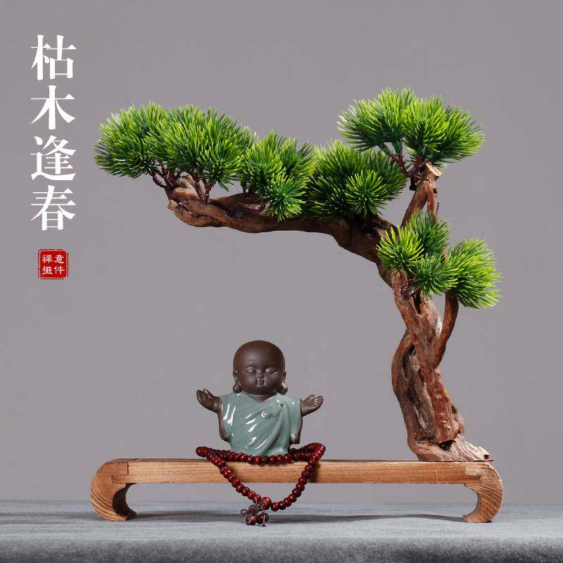 新中式木头工艺品创意木制装饰禅意小和尚摆件客厅玄关茶几迎客松