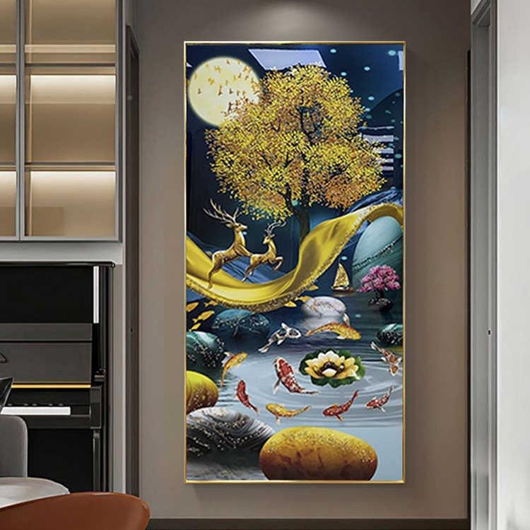 玄关过道装画烤瓷镶钻带ld灯光挂画鱼图墙HS-09040走廊入饰户202e