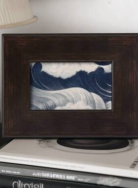 牛仔蓝氛围感中古海浪日式浮世绘哑光油布客厅餐厅装饰挂画实木框