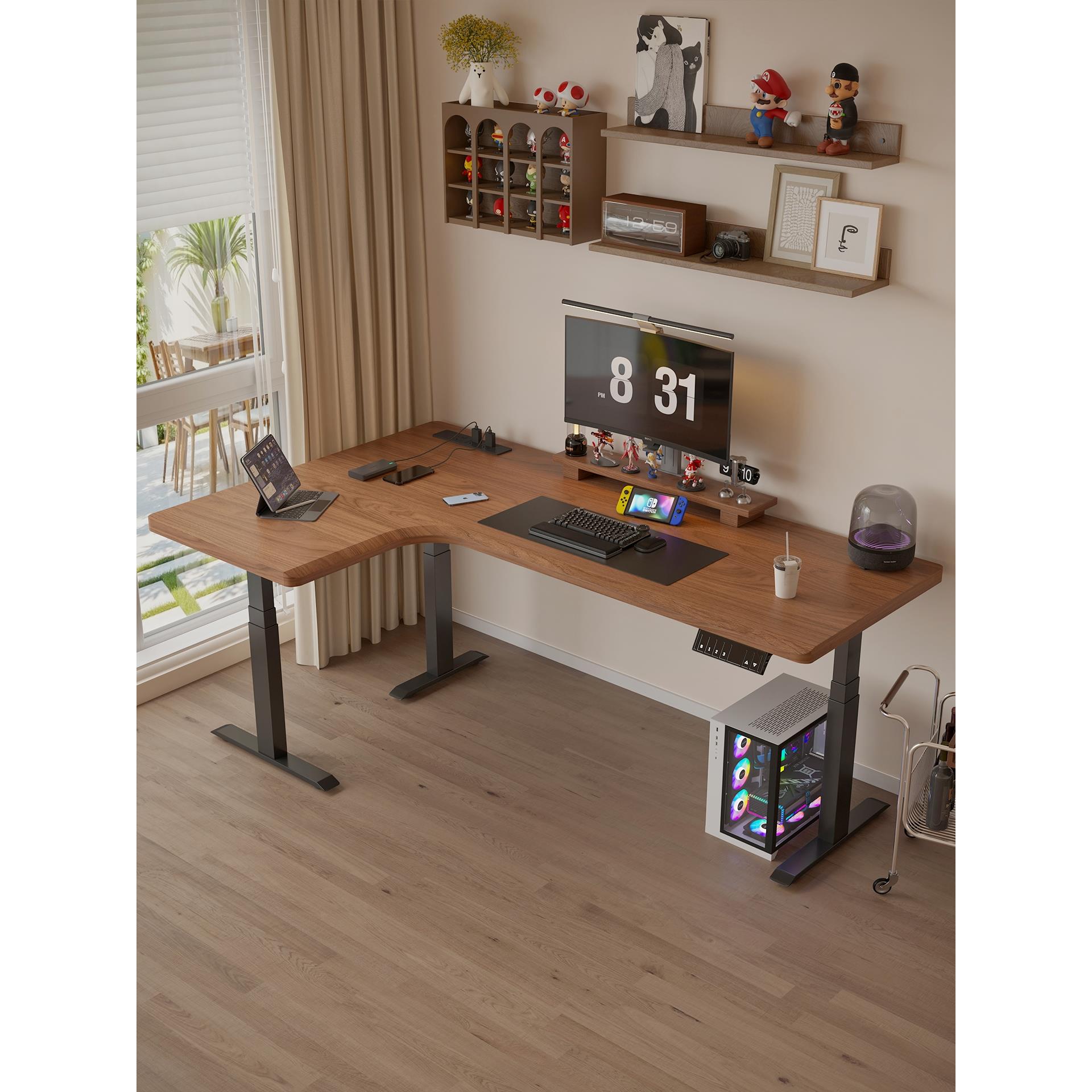 北美黑胡桃木升降转角桌实木电脑桌家用拐角书桌智能电动电竞桌