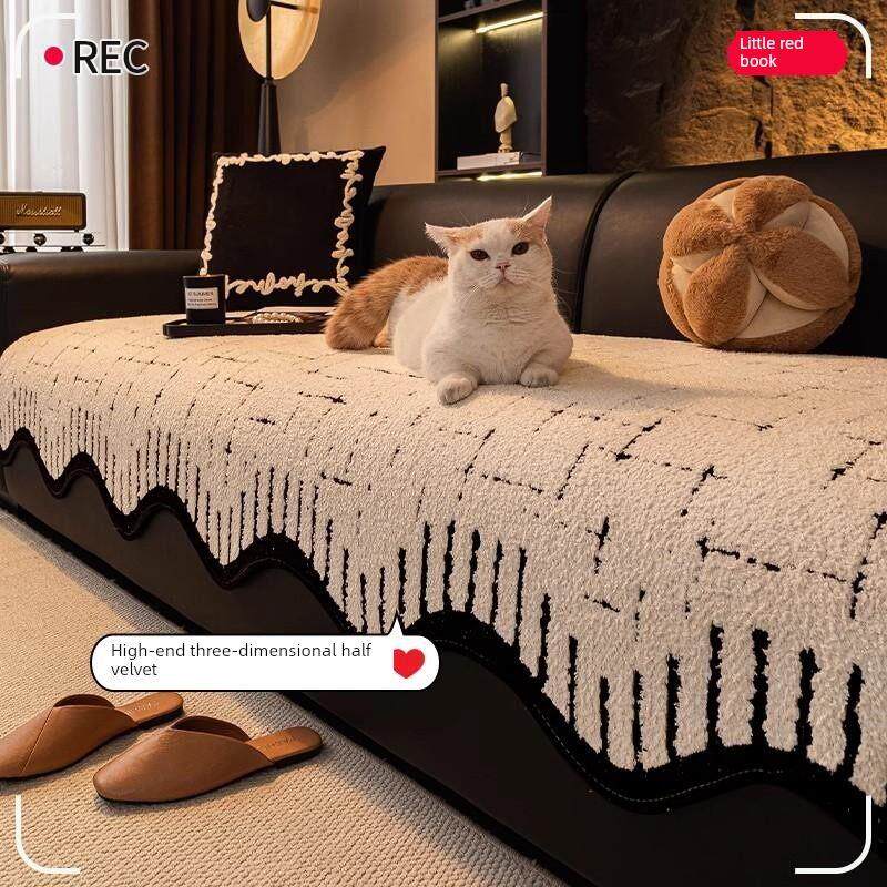 防猫画伤2025新款长毛绒高端真皮沙发坐垫固定防滑座垫秋冬连体套