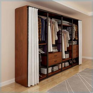 简约步入落地架子卧室金属铁艺框架挂衣架开 放式衣帽间钢木衣柜