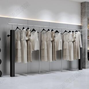 黑色服装展示架陈列架绿色挂衣杆女装店货架方管男装不锈钢上墙架
