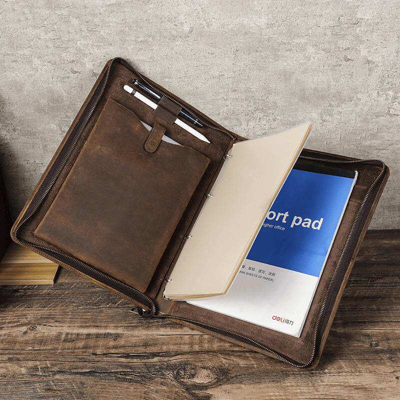 疯马皮A4笔记本书套带笔槽可装ipad11寸多功能真皮拉炼活页手帐本