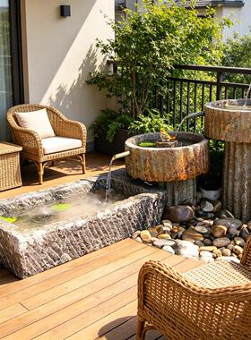 老石槽阳台鱼池假山流水喷泉摆件老石臼中式庭院造景装饰水池景观