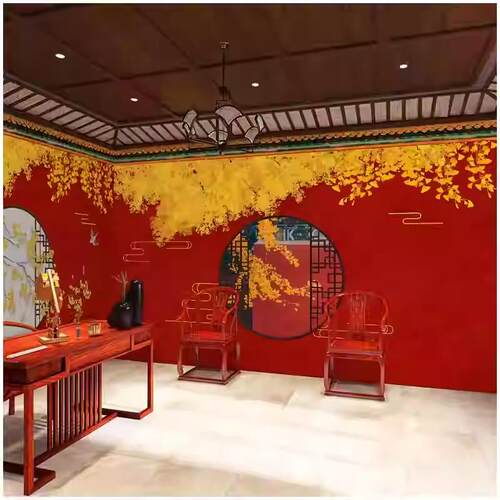 新款中式红色中国风竹木纤维电视背景墙画宫廷建筑宫殿集成护墙板