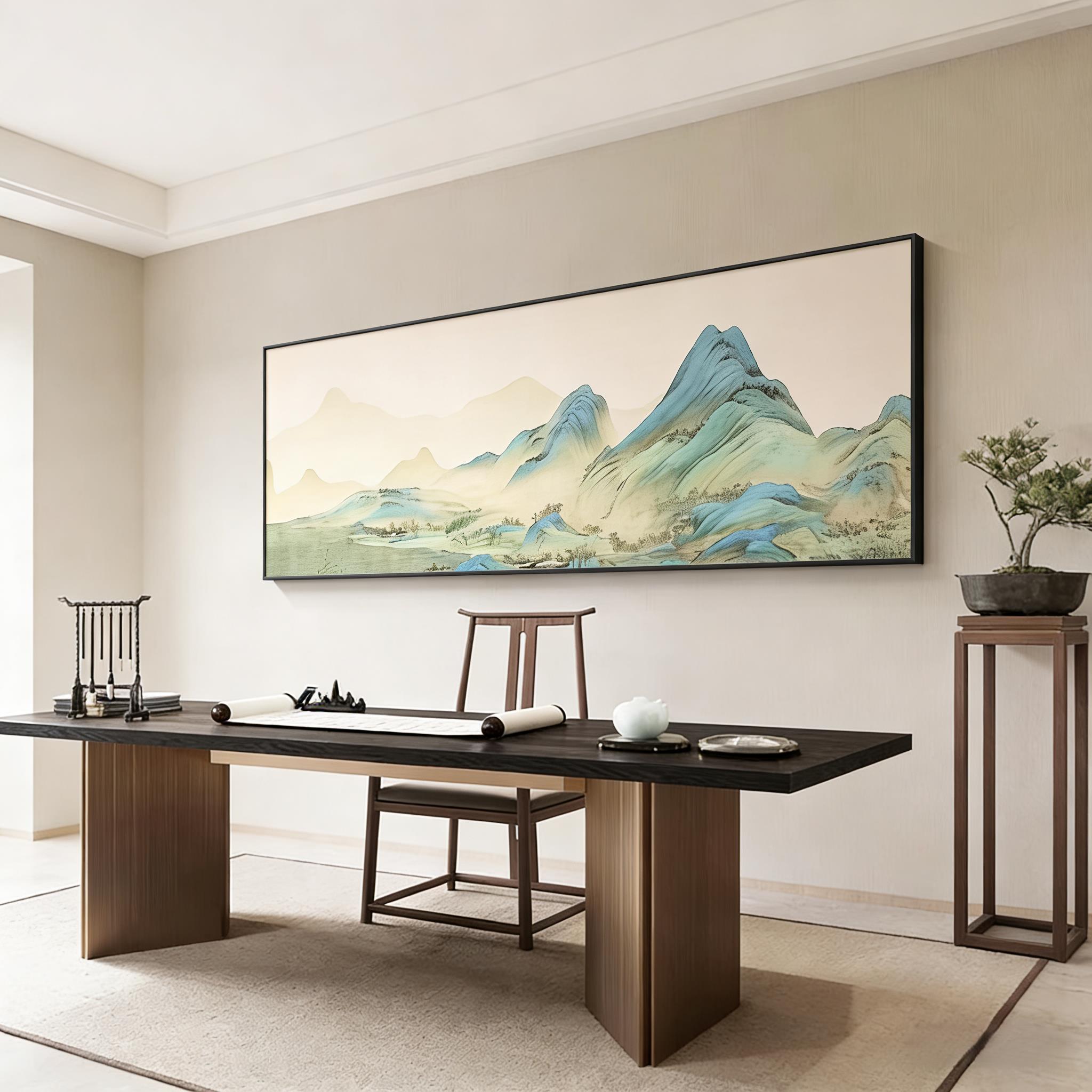 千里江山图客厅装饰画新中式沙发背景墙挂画2026年国画山水画壁画