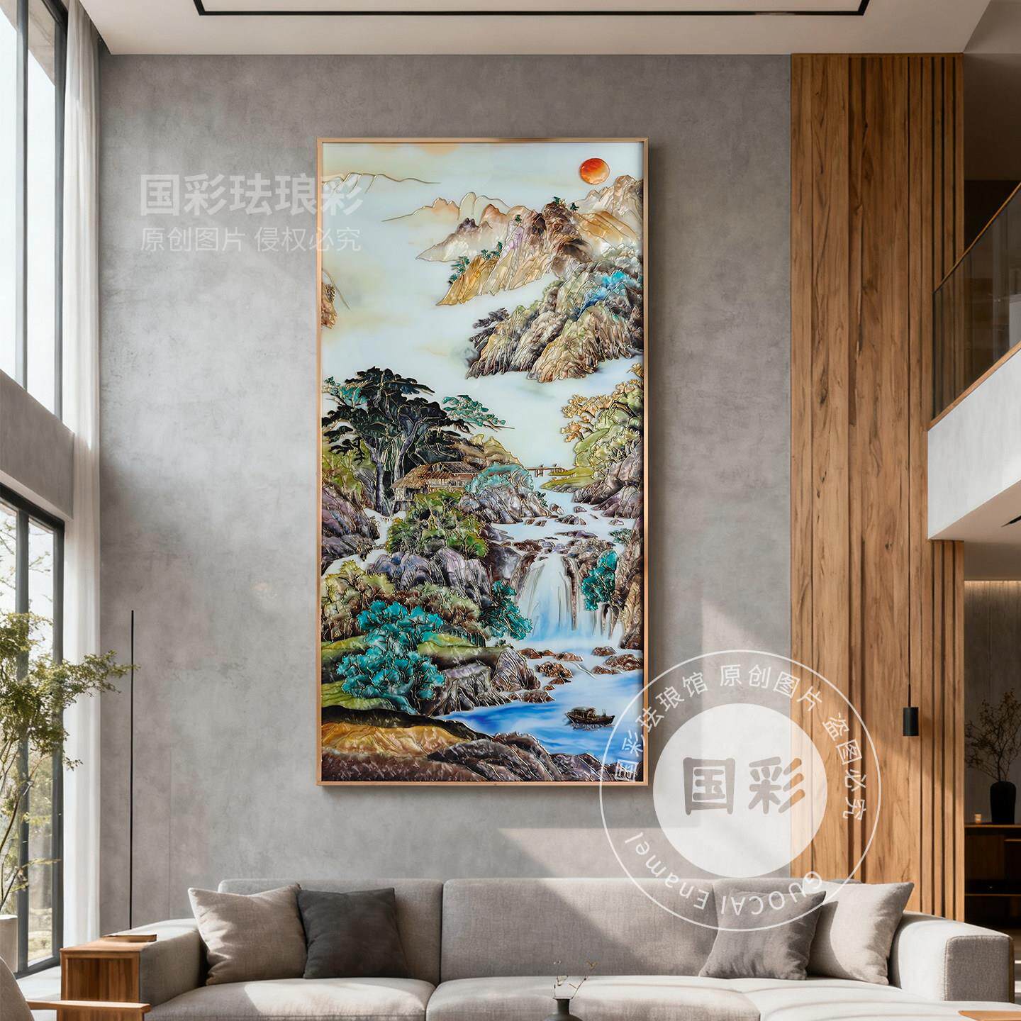 纯手绘珐琅彩工艺装饰画中式山水画客厅书房茶室高端轻奢玄关壁画