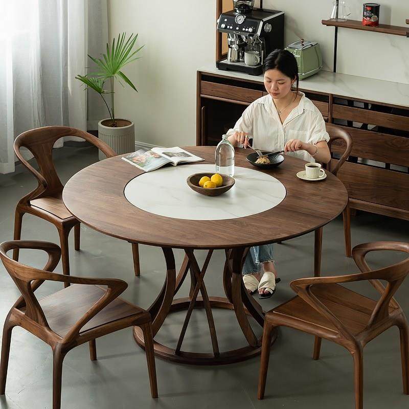 北美黑胡桃木圆餐桌内嵌式转盘家用大小户型圆形岩板桌实木大圆桌