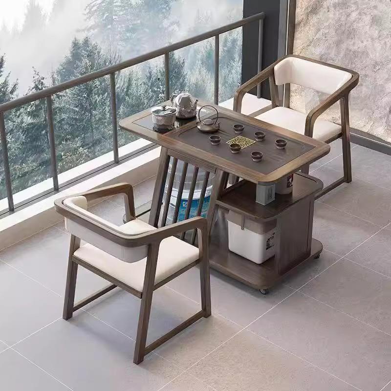 实木阳台茶桌家用小型可移动茶台椅组合烧水壶一体两人洽谈茶几