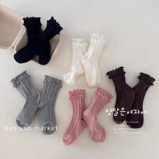 女童袜子春秋款 双针公主棉袜甜美中筒袜中大童 女孩双层木耳边韩版