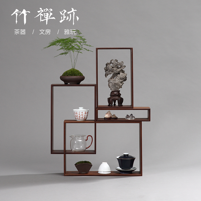 竹禅迹 竹制博古架小摆件 多宝格茶具收纳茶杯架T 中式展示置物架