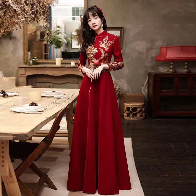 速发大尺码孕妇酒红色中式改良旗袍敬酒服新娘高腰遮肚子结婚礼服