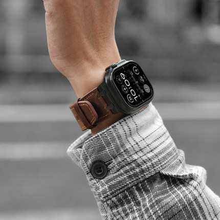 ERFG适用applewatch Ultra2表带苹果S10手表S9新款疯马纹真皮S8夏天7个性SE小众新品男高级watch运动49mm配件