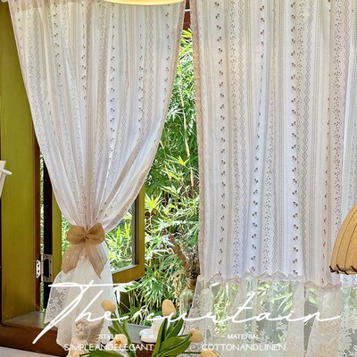 法式奶油风韩式田园小清新蕾丝拼接棉布半帘厨房隔断帘遮挡帘门帘