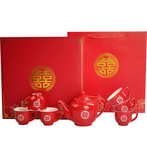 结婚红色陶瓷茶具套装婚庆敬茶杯子喜碗茶壶改口茶杯新婚陪嫁礼品