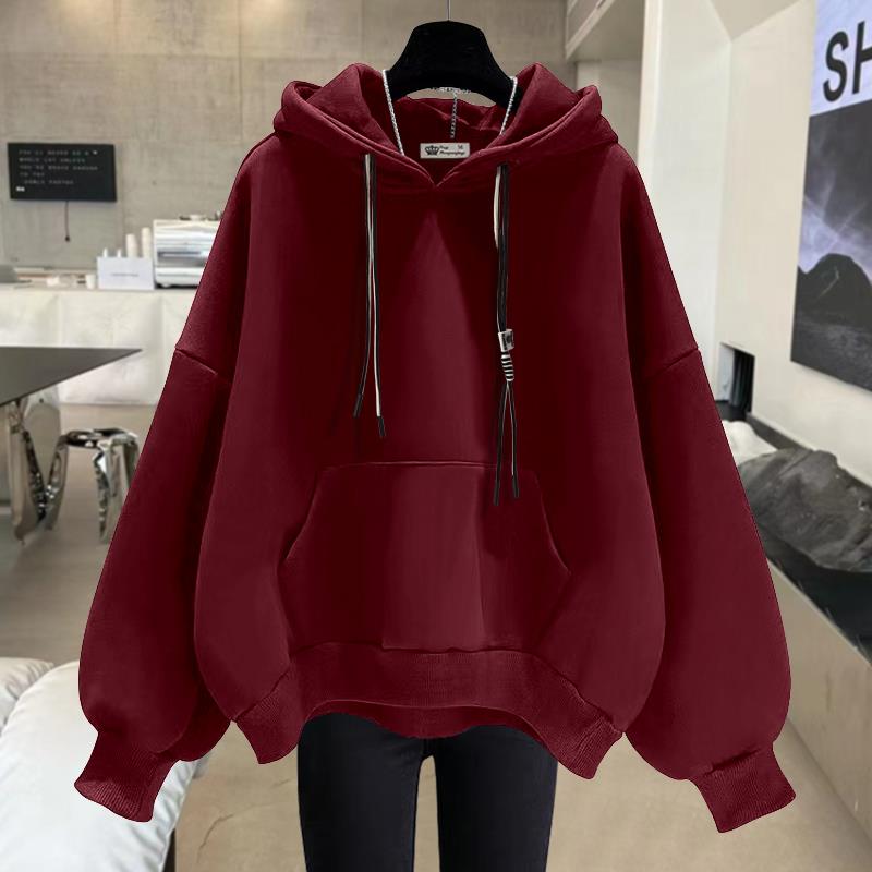 安可拉红色袋鼠兜连帽卫衣女秋冬工作服定制
