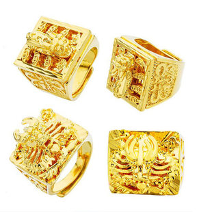 男士霸气沙金3D龙头开口戒指镀金貔貅方形戒指男款