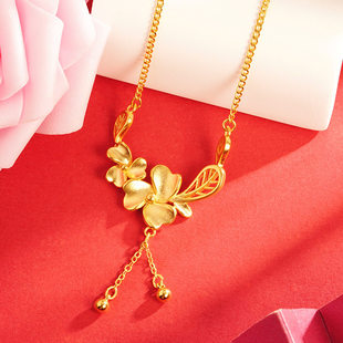 古法沙金双生花三叶花叶子黄金项链久不掉色小众气质设计饰品女款