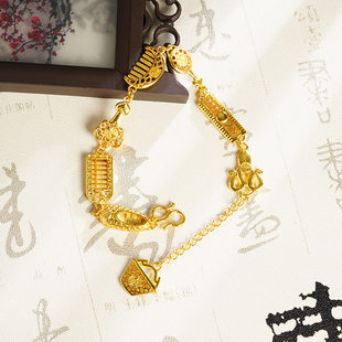 古法沙金吉祥八宝手炼福满算盘元宝镂空覆古中国风手婚庆黄金饰品