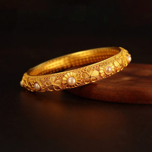 沙金古法十全十美珍珠手镯女款花丝镶嵌黄金仿真金复古手环