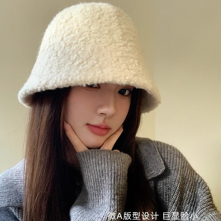 羊羔毛渔夫帽秋冬新款韩版百搭帽子女大头围显脸小水桶帽毛绒盆帽