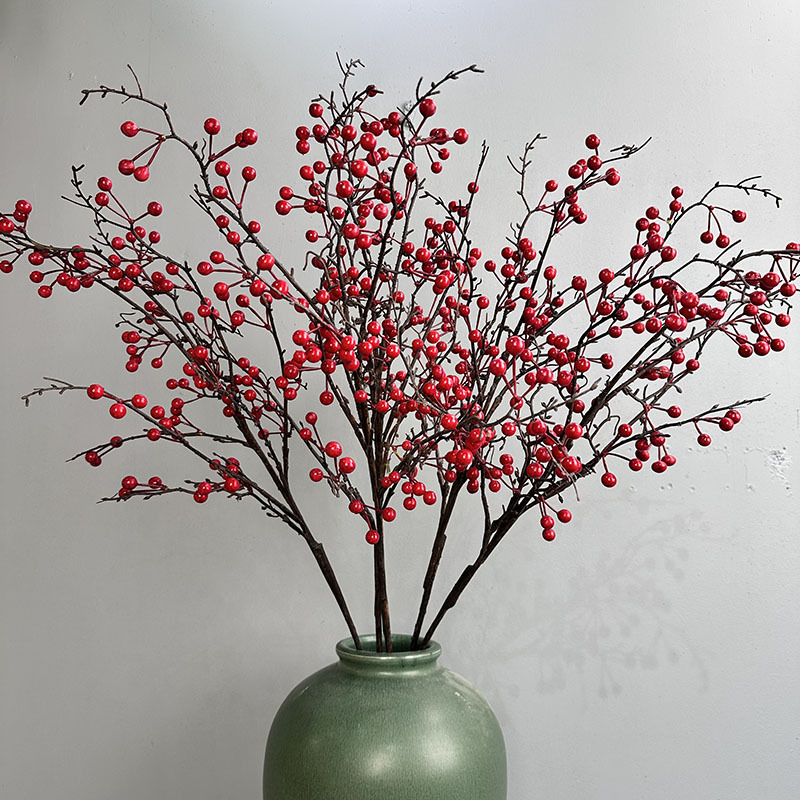 仿真浆果红果发财果梧桐果中式家居装饰花假花大支冬青果北美冬青