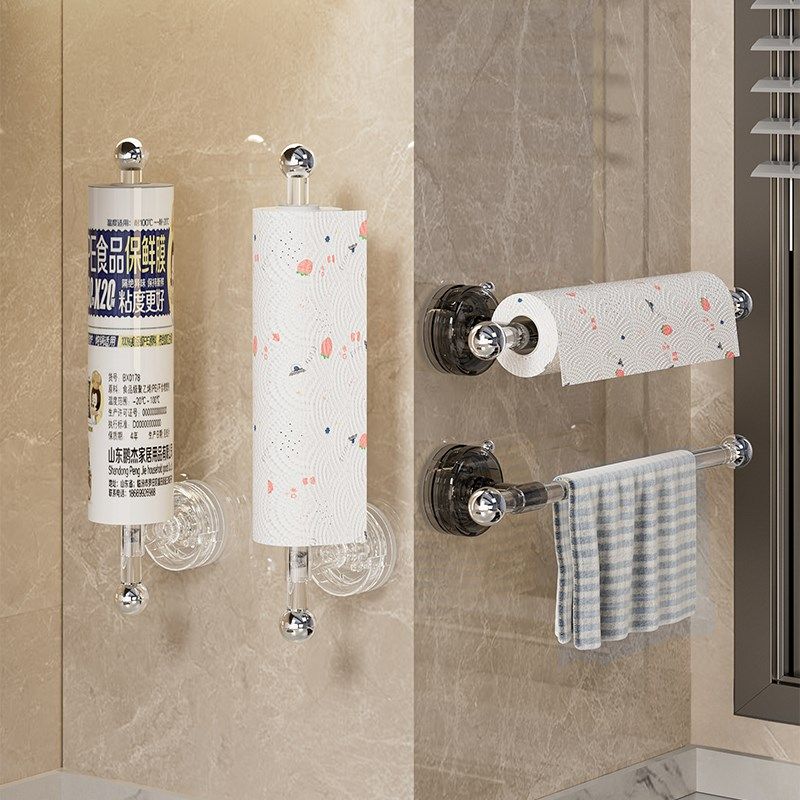 厨房纸巾架吸盘免打孔保鲜膜挂架橱柜抹布支架卷纸收纳架挂杆架子