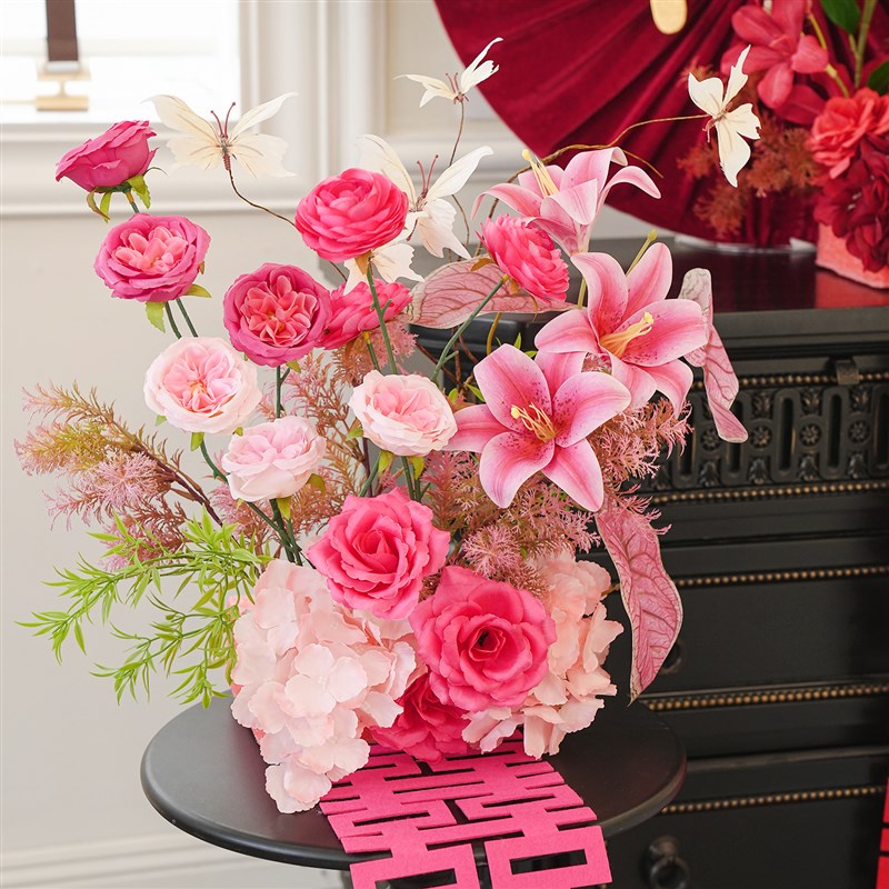 婚房布置结婚粉色仿n真花艺客厅卧室床头喜字摆件婚礼用品装饰套