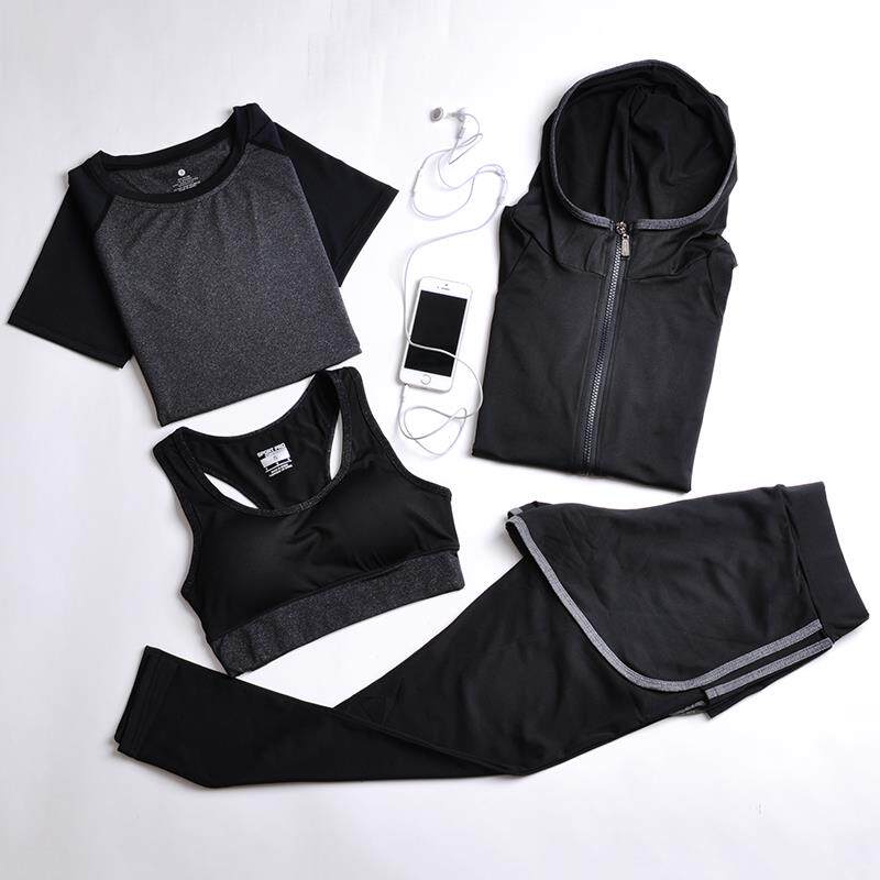 秋冬瑜伽服套装女跑步运动健身服假两件长裤速干干T恤短裤五件套
