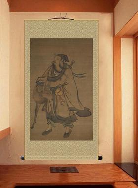 古画复制张路人携鹿图挂玄关新WHQ走廊装饰画仙客厅书房中式卷轴