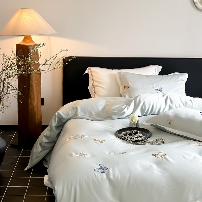 类母婴XTO级100支兰精丝四件天套夏季公A主风刺绣丝凉感冰床单三