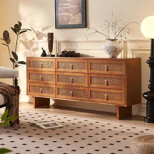 新中式实木斗柜中古风藤九斗柜51429编代简约家用餐厅白现边蜡木