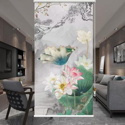 新CKF中式遮荷花卷光帘窗帘遮阳帘复古风用客厅屏风帘电家动手拉