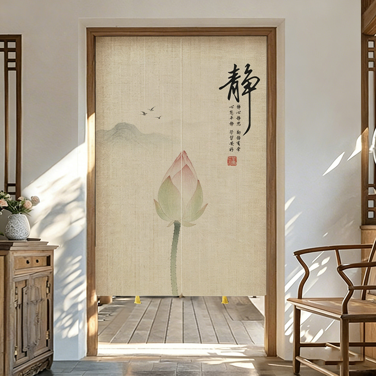 风水化解厕所荷花净秽门帘免打孔家用卫生间隔断柜帘简易遮挡布帘