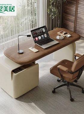 实木书家用书房电桌脑卧室可伸缩极简油奶风中古2025年DJR新桌款