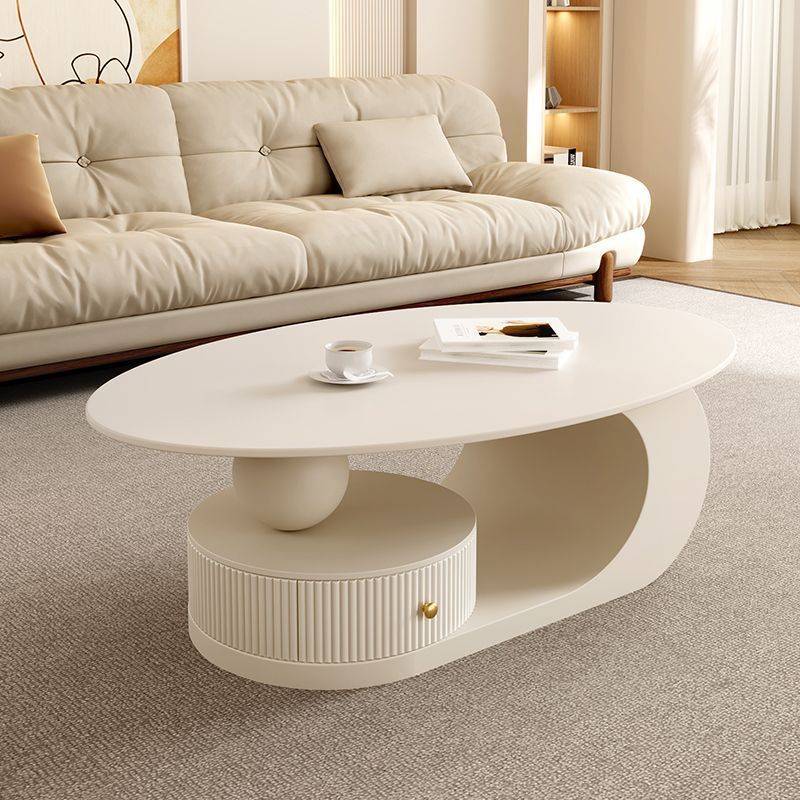 岩板奶油风茶几客厅家用轻奢意式椭圆形茶台小户型简约桌边几组合