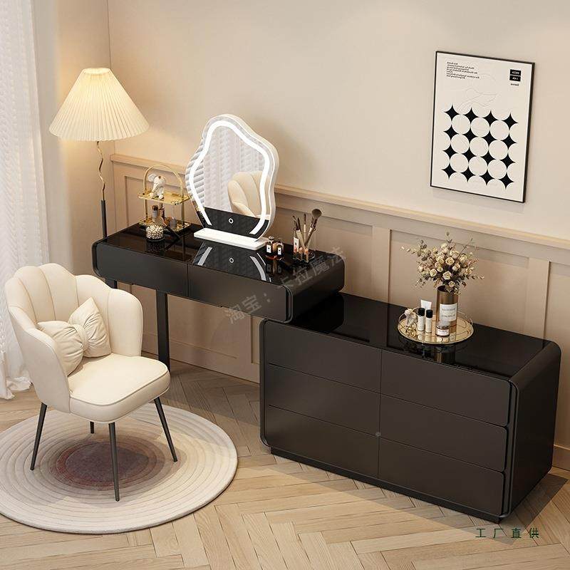 现简约实木梳妆斗一体QMF卧柜室黑色化妆桌奶油风岩板网台代红化