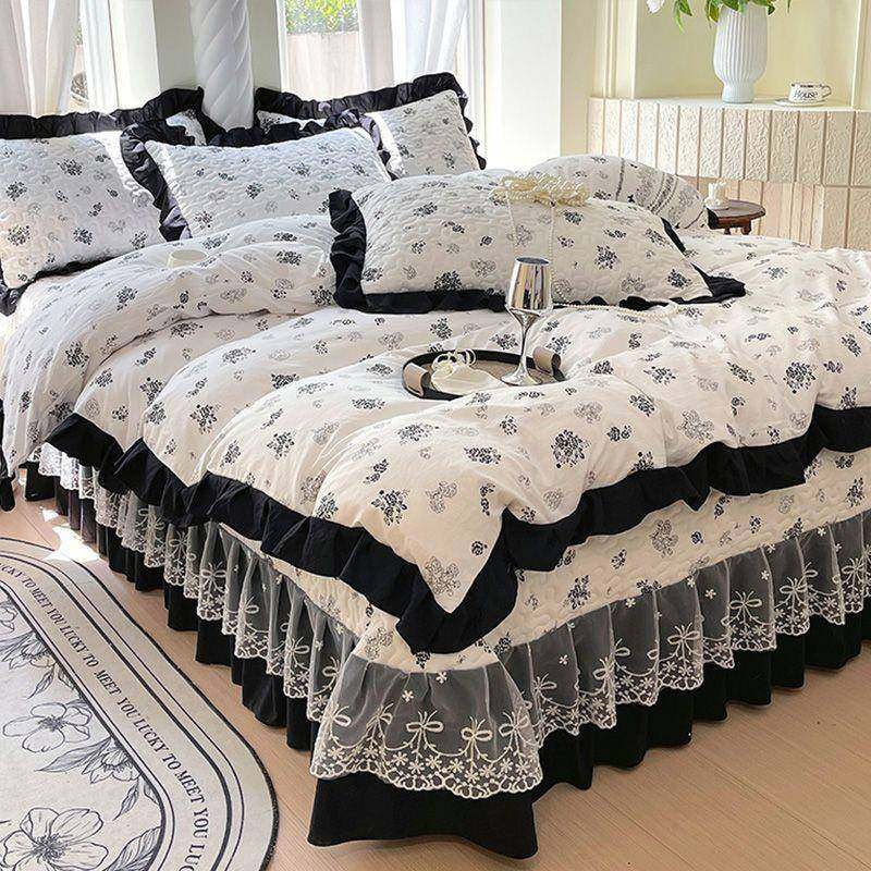 款软糯洗棉法式印花床盖三件花套赫本AMC风边被新套四件水套床品