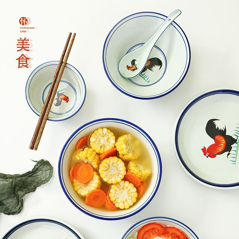 国潮风套碗中式公鸡套装复古旧老怀式公鸡家用鸡公碗TVB陶瓷餐具