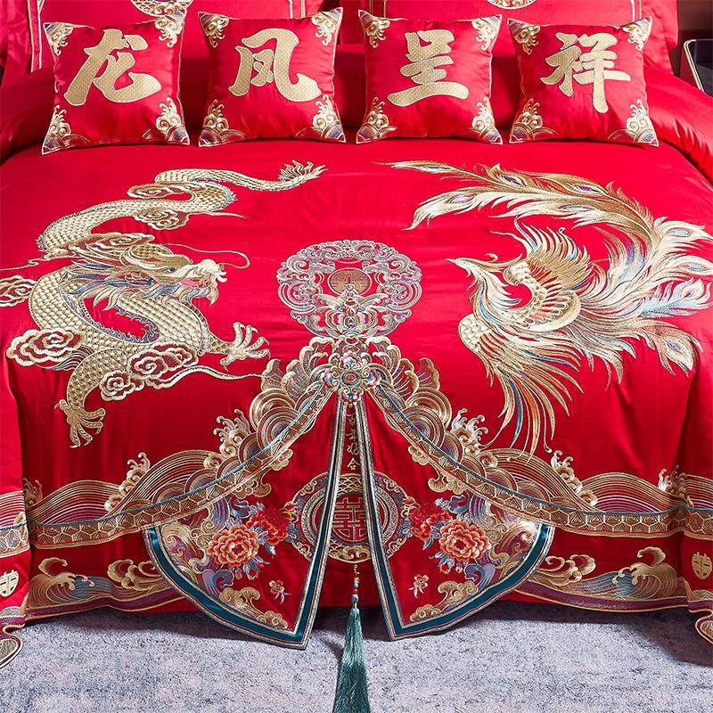 长WWW-2023绒棉全棉庆四件中棉套纯大红刺绣龙婚凤结婚陪嫁床上用