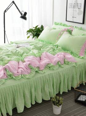 新7|LF7668TSH8K系韩森林绿春季纯色小清四件套水洗棉床裙被套学