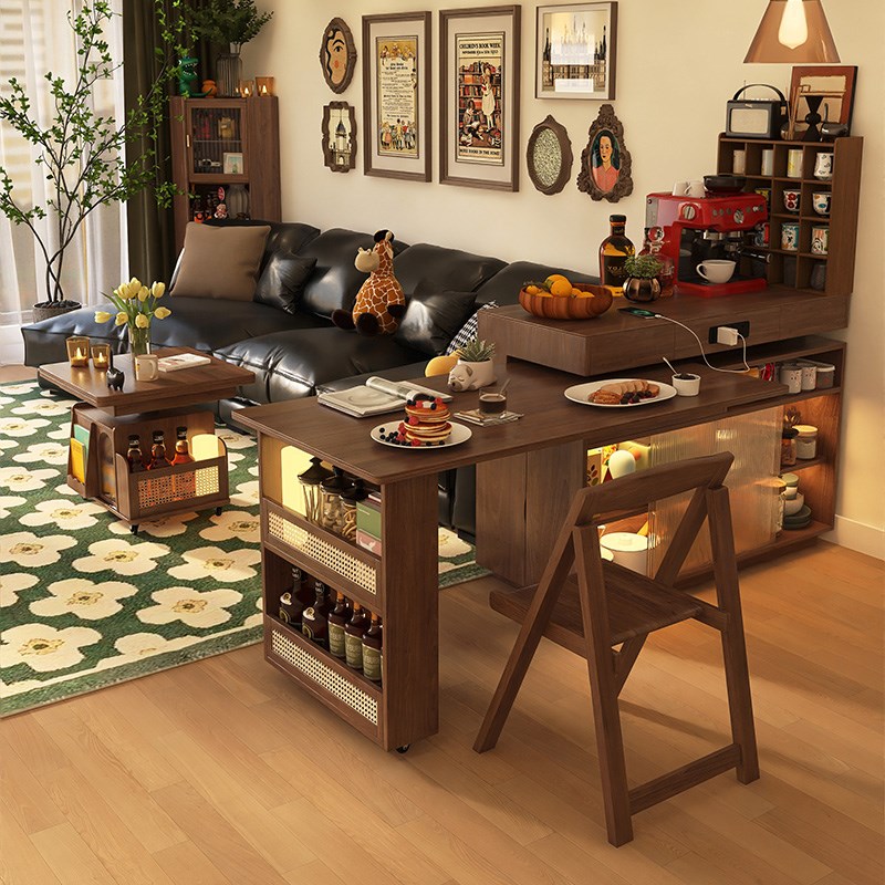 中古风旋转岛台餐桌一体可伸缩小户型H实木胡桃色餐边柜吧台桌子