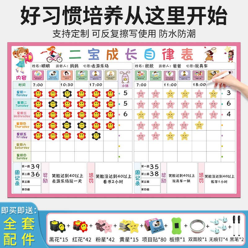 家庭二宝儿童成长自律墙贴好习惯奖罚规J划表家用宝宝记录积分表