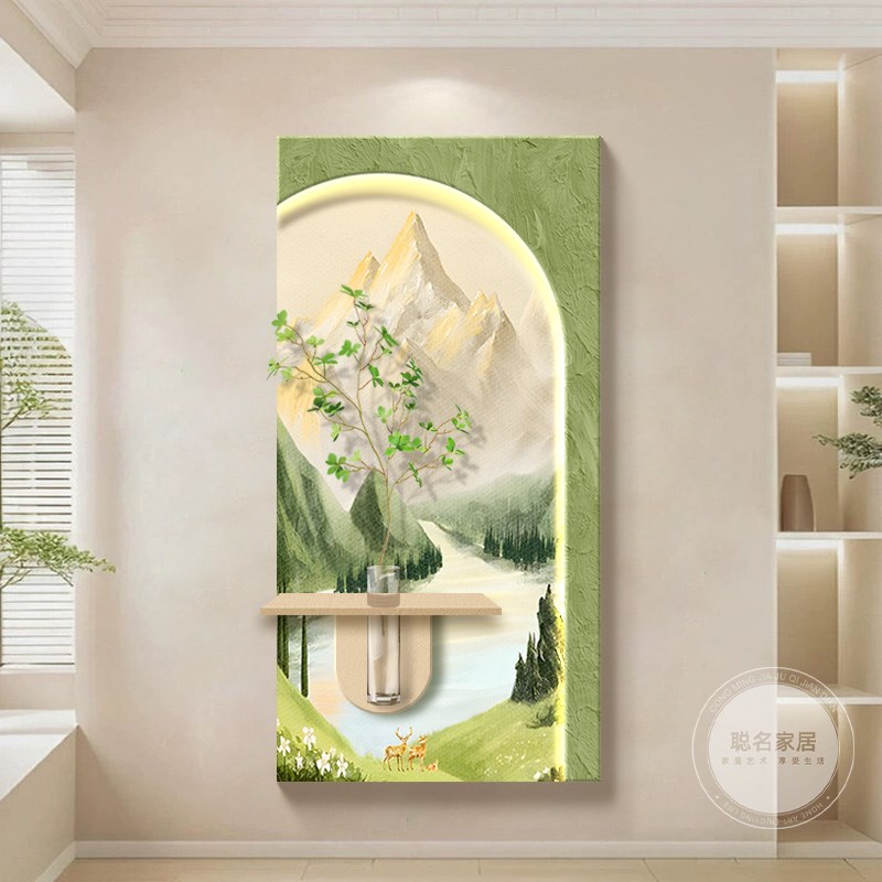 奶油风水培绿植入户玄关装w饰画日照金山走廊过道挂画山水壁画