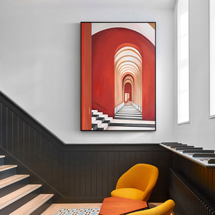 建筑门廊装饰画玄关过道挂画小众轻奢民宿餐厅大气客厅橙色抽象画
