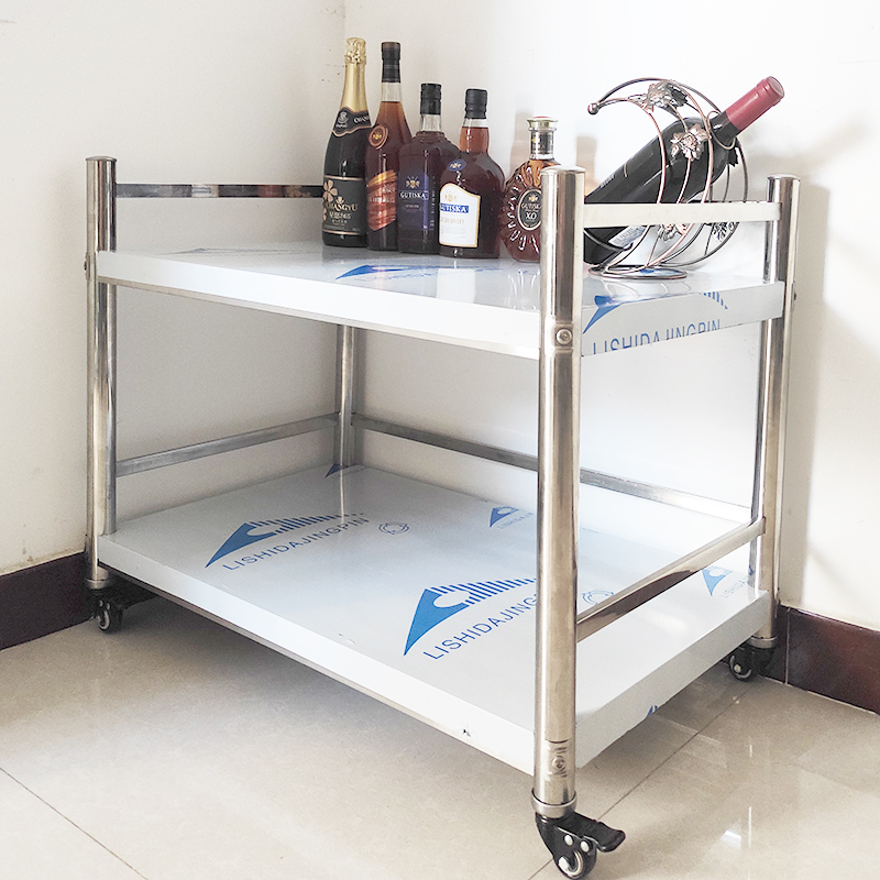 厨房不锈钢置物架微波炉烤箱调料收纳整理架子两层带Y护栏万向轮