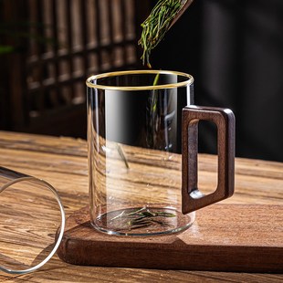家用客厅耐高温金边水杯大容量木把待客透明玻璃杯子6只 茶杯套装