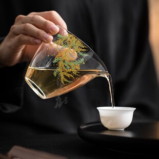 鱼戏手工贴花耐热玻璃加厚公道杯家用泡绿茶公杯匀茶杯分茶器茶海